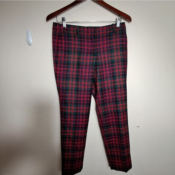 J.Crew Womens Cafe Capri Cropped Pants Red Green Plaid Mid Rise Flat Front 2 - Picture 2 of 5